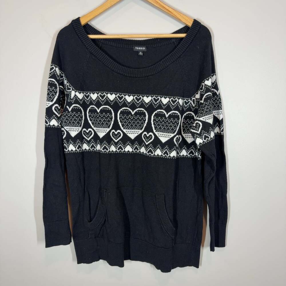 Torrid Black White Heart Print Knit Sweater Long Sleeve Kangaroo Pkt Size Large